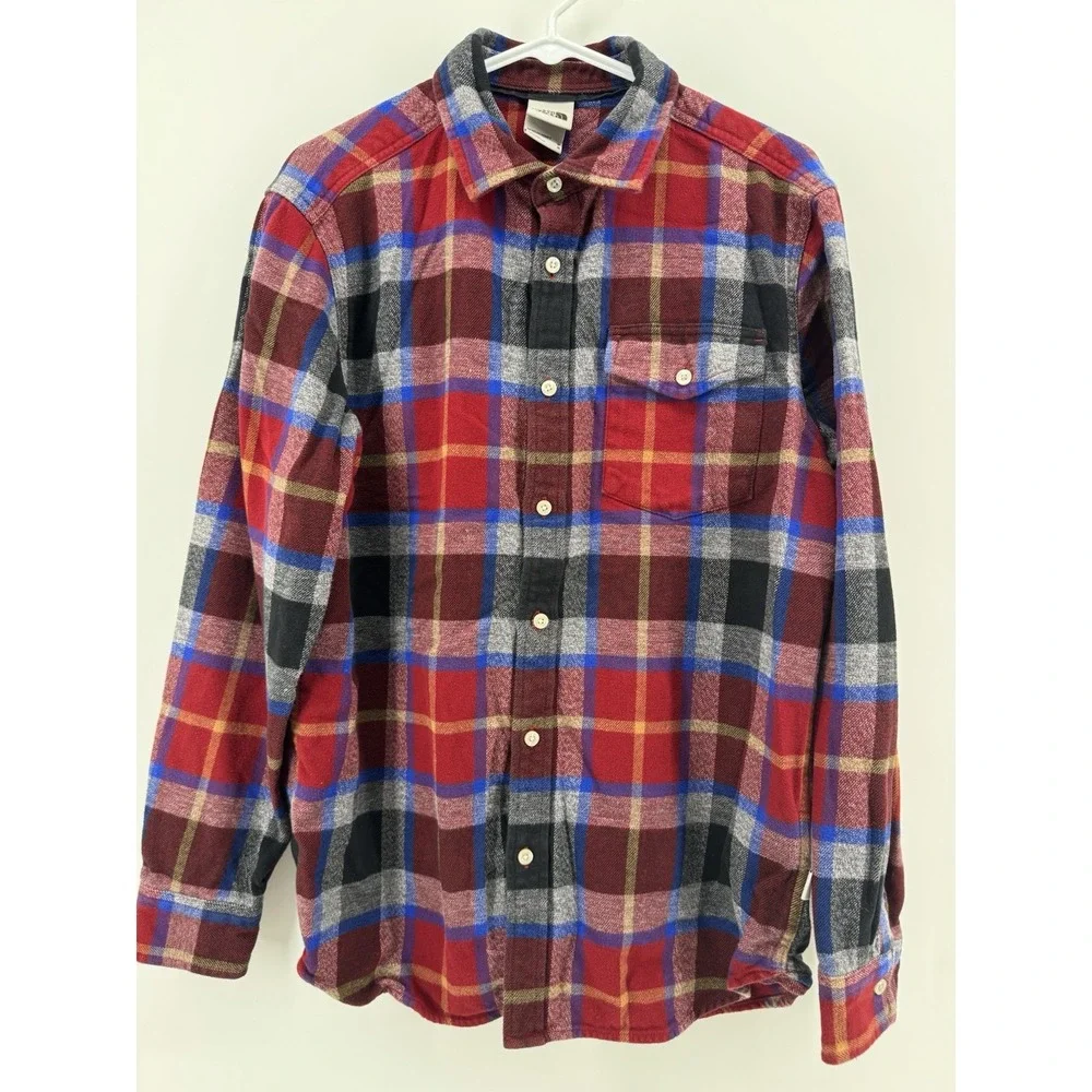 The North Face Plaid Flannel Button-Up Shirt Pockets Red/Blue/Gray Men's M